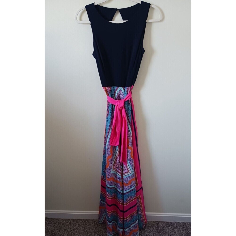Eliza J Scarf Geometric Print Maxi Dress Tie Waist Sleeveless Black Pink Size 8‎
